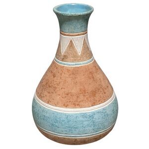 Vintage Southwest Aztec boho 1990's teal cream tan vase